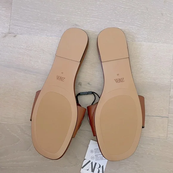 Zara Brown Leather Flat Sandals - Picture 3 of 5